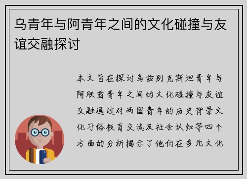 乌青年与阿青年之间的文化碰撞与友谊交融探讨